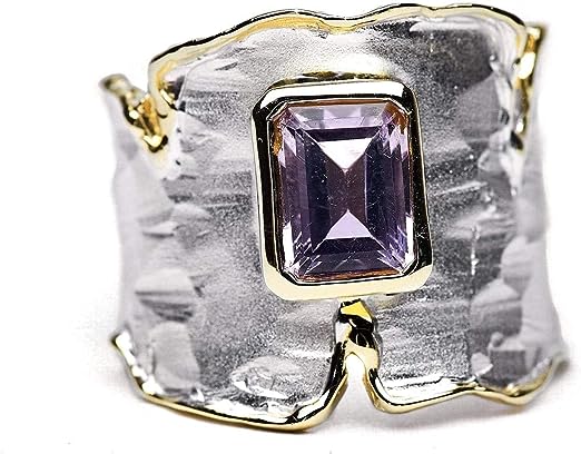 german 1.30 Carat Purple Amethyst Handmade Barrel Ring in 925 Sterling Silver with Gold and White Rhodium Plating Size 5 to 10.5